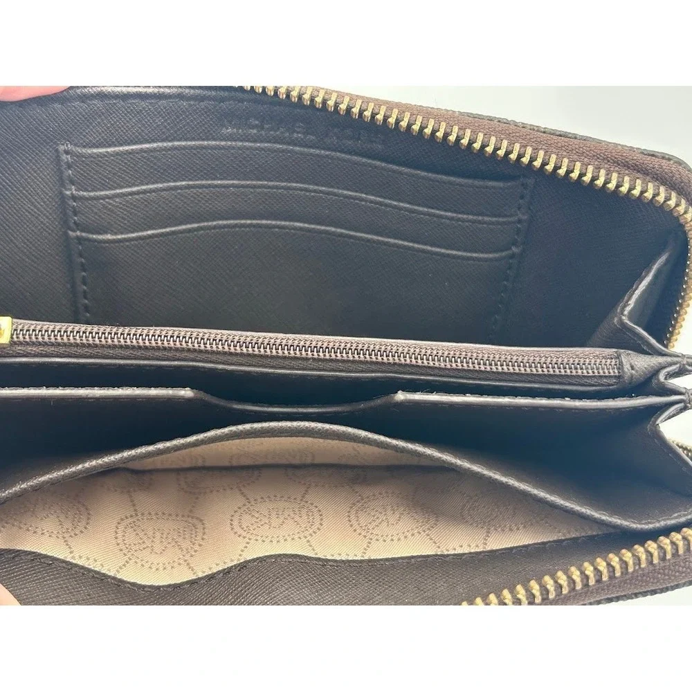 Michael Kors Dark Brown‎ Monogram MK Logo Zip Around Wallet Goldtone Hardware